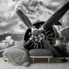 Een fotobehang van een industrieel stuntvliegtuig met propeller te zien in de slaapkamer.