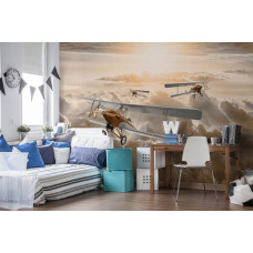 Een fotobehang met een dubbeldekker in een wolkenlandschap, perfect voor een kinderkamer.