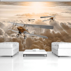 Een fotobehang van een vliegtuig in de lucht, geschikt voor de woonkamer.