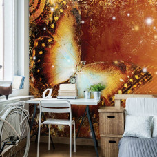 Een fotobehang van een abstracte vlinder in een vintage kunststijl in een kantoor.