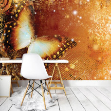 Een fotobehang van een abstracte vlinder in een vintage kunststijl in een studeerkamer.