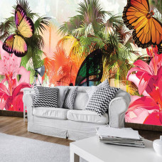 Een fotobehang van een abstracte tropische vlinder in een junglestijl in een huiskamer.