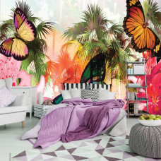 Een fotobehang van een abstracte tropische vlinder in een junglestijl in een slaapkamer.