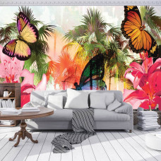 Een fotobehang van een abstracte tropische vlinder in een junglestijl in vliesbehang voor een woonkamer.