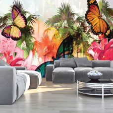 Een fotobehang van een abstracte tropische vlinder in een junglestijl in een woonkamer.