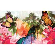 Fotobehang van een vlinder in een jungle-omgeving, in een abstract tropisch ontwerp.