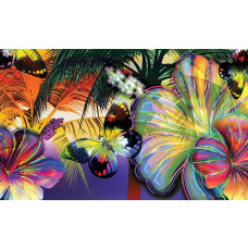 Kleurrijke vlinder op een abstract schilderij met levendige bloemen, fotobehang dat een kunstzinnige sfeer oproept.