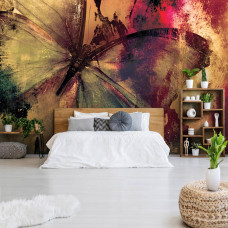 Een fotobehang met een kleurrijke vlinder in kunstzinnige schilderstijl, geschikt voor de woonkamer of slaapkamer.