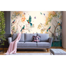 Een fotobehang van vlinders en vogels in aquarel met bomen en natuur voor de woonkamer met een creatieve flair.