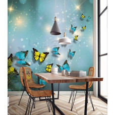 Een fotobehang met sprankelende vlinders, ideaal voor een keuken.