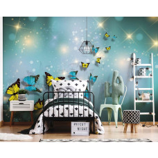 Een fotobehang met kleurrijke vlinders in een abstracte setting, geschikt voor een kinderkamer.