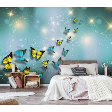 Een fotobehang met kleurrijke vlinders in een sprankelende setting voor de slaapkamer.