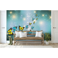 Een fotobehang met vlinders in een speelse stijl, perfect voor de woonkamer.