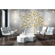 Een fotobehang van een boom vol sprankelende vlinders in een abstracte kunststijl.