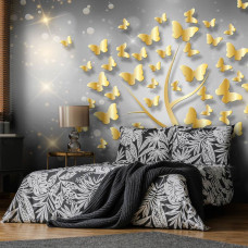 Een fotobehang met een boom vol vlinders in een abstract kunstontwerp voor een slaapkamer.