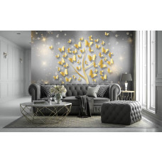 Een fotobehang van een sprankelende boom vol vlinders, ideaal voor een woonkamer.