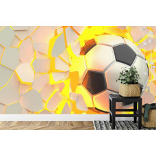 Een fotobehang met een 3D-ontwerp van een voetbalmuur in een kinderkamer.