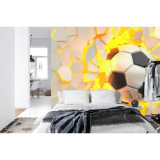 Een fotobehang met een 3D-ontwerp van een voetbalmuur in een slaapkamer.