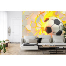 Een fotobehang met een 3D-ontwerp van een voetbalmuur in een woonkamer.