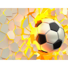 3D-fotobehang met een voetbal die uit de muur lijkt te komen, wat een dynamisch en levendig effect creëert.