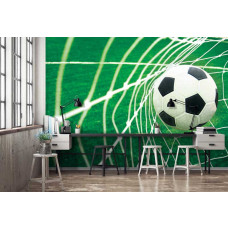 Een fotobehang van een voetbaldoelpunt op een voetbalveld, dat een dynamische en sportieve sfeer oproept.