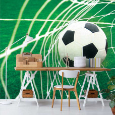 Een fotobehang van een voetbaldoelpunt op een voetbalveld, dat een dynamische en sportieve sfeer oproept. Dit ontwerp brengt een speelse en motiverende sfeer in het kantoor.