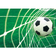 Voetbal doelpunt fotobehang, met een dynamisch beeld van een net dat de bal opvangt, ideaal voor sportliefhebbers.
