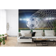 Een fotobehang met een indrukwekkend doelpuntmoment van een voetbalwedstrijd in een woonkamer.