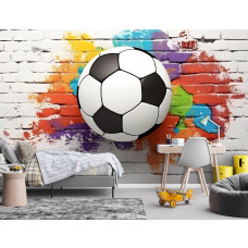 Een fotobehang van een voetbal graffiti spektakel muurschildering in een kinderkamer.