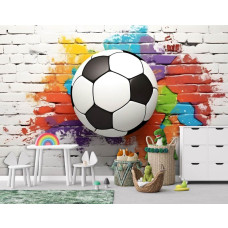 Een fotobehang van een voetbal graffiti spektakel muurschildering in een kinderkamer in een speelkamer.