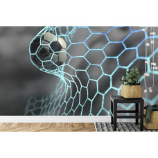 Een fotobehang met een voetbal die het net raakt in een kinderkamer.