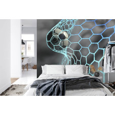 Een fotobehang met een close-up van een voetbal die in het net belandt in een slaapkamer.