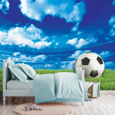 Een fotobehang van een voetbalstadion met groen gras en levendige sfeer, perfect voor een jongenskamer.