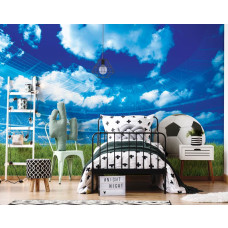 Een fotobehang van een stadionscčne met groen gras, ontworpen voor een kinderkamer.