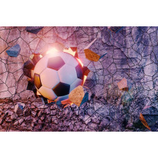 Fotobehang van een voetbal die in een 3D-effect door een muur heen schiet, met een indrukwekkend visueel resultaat.