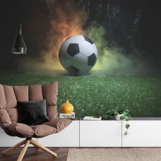 Een fotobehang met een magische voetbal in een abstracte stijl in een huiskamer.