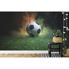 Een fotobehang met een magische voetbal in een abstracte stijl in een kinderkamer.