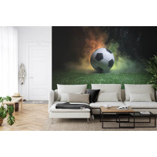 Een fotobehang met een magische voetbal in een abstracte stijl in een woonkamer.