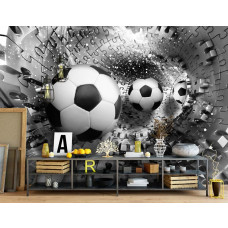 Fotobehang van een voetbalpuzzel met zilveren 3D-tunnel, geschikt voor een babykamer.