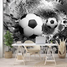 Fotobehang van zilveren voetballen in een puzzel en 3D-tunnel, ideaal voor kantoor.