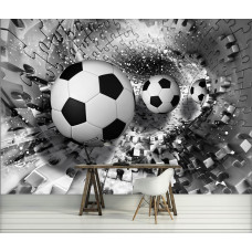 Fotobehang van een zilveren voetbalpuzzel en tunnel, geschikt voor kinderkamer en slaapkamer.