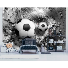 Fotobehang van een 3D-tunnel met zilveren voetballen in puzzelvorm voor een kinderkamer.
