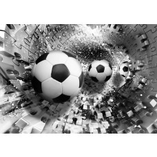 Fotobehang met een zilveren tunnel en puzzelvormen waarin voetballen zijn afgebeeld.