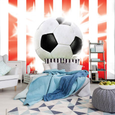 Fotobehang met rood-witte achtergrond van een voetbal, geschikt voor kinderkamers en slaapkamers.