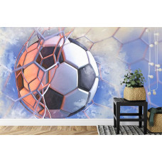 Een fotobehang met een schilderij-achtige weergave van een voetbaldoelpunt in een kinderkamer.
