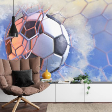 Een fotobehang met een schilderij-achtige weergave van een voetbaldoelpunt in een woonkamer.