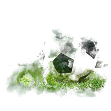 Fotobehang van een schildering met een voetbal, artistiek weergegeven in een abstracte stijl met levendige kleuren.