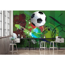 Een fotobehang met voetbal street art in graffiti-stijl, energiek en kleurrijk, geschikt voor een gamekamer.
