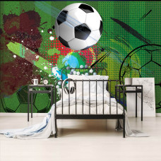 Een fotobehang met voetbal street art in graffiti-stijl, met kleurrijke ontwerpen voor de kinderkamer.