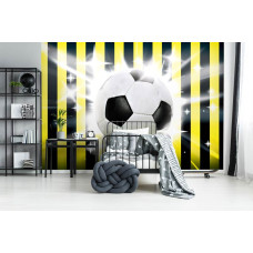 Fotobehang met voetbal op een zwart-gele achtergrond, perfect voor kinderkamers.